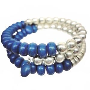 Blue and Silver Tone Beaded Wire Bracelet